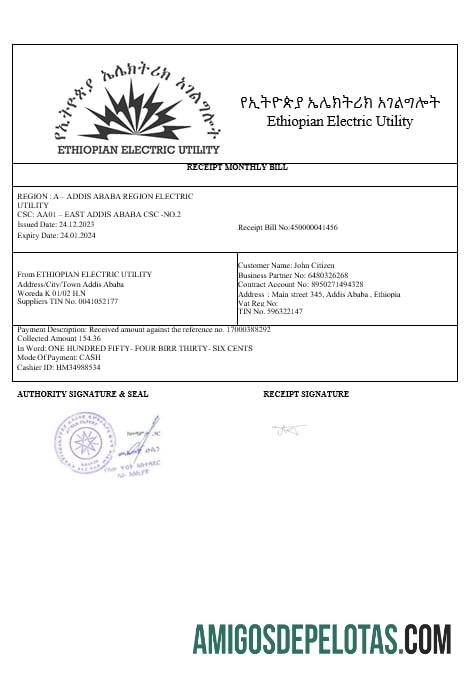 Conta de energia elétrica da Etiópia em formatos Word e PDF modelo